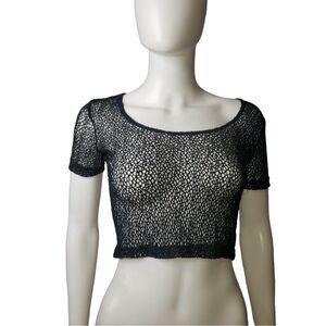 Vintage 80's COOL WEAR Black Fishnet Mesh Scoop Neck Cropped Top One Size